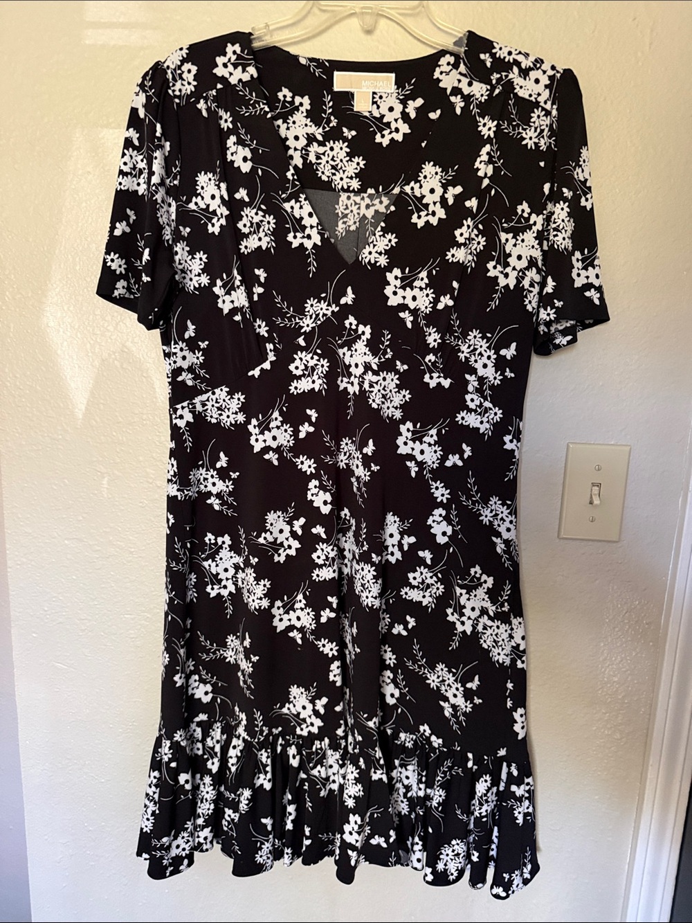 Michael Kors Black and White Floral Ruffle-Hem Dress